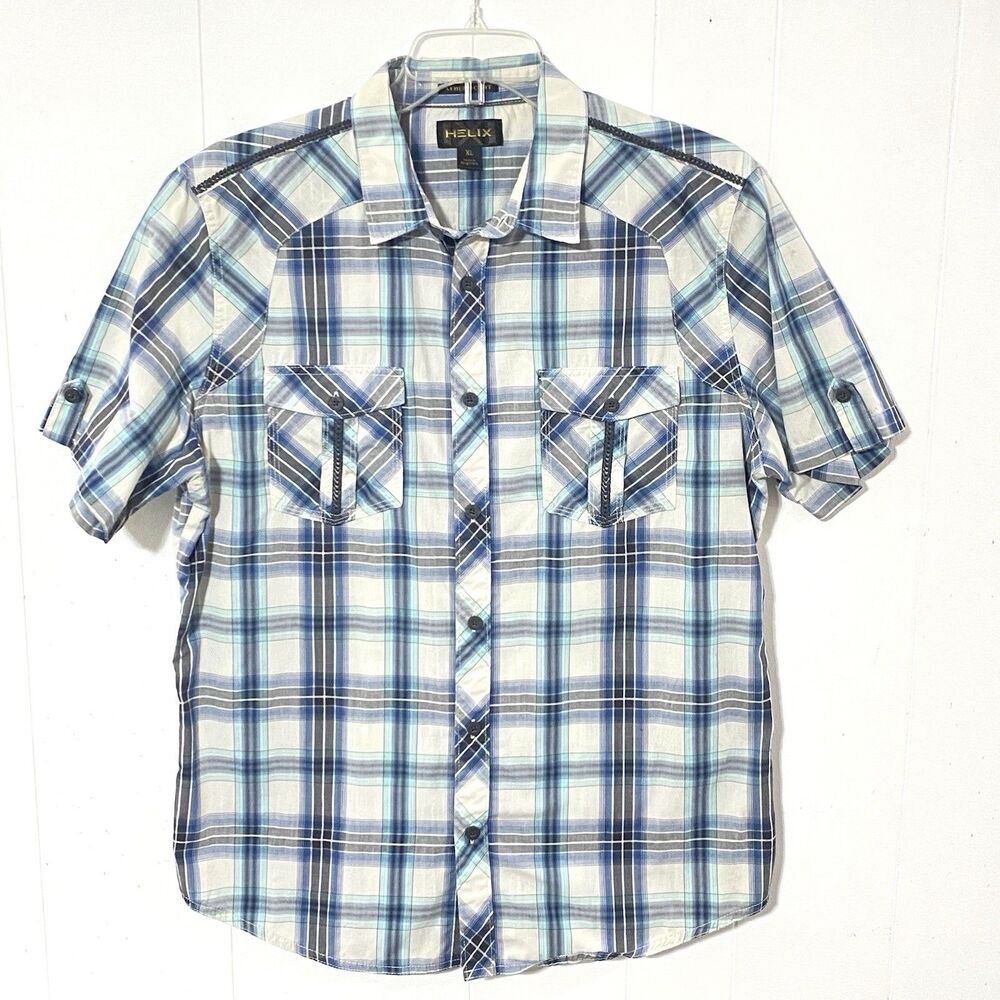 Mens HELIX Athletic Fit XL Plaid Short Sleeve Button Down Shirt Black Trim NICE